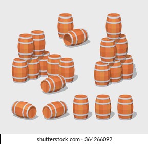 Wooden barrels. 3D lowpoly isometric vector illustration. The set of objects isolated against the white background and shown from different sides