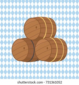 Wooden barrels with beer vector illustration isolated on checkered background. Three casks or tuns hollow cylindrical container, made of wooden staves