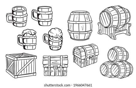 Wooden barrels, chests, beer or ale mugs. Wooden crafts. Box. Barrels for wine. Vector illustration isolated. For design and decoration.