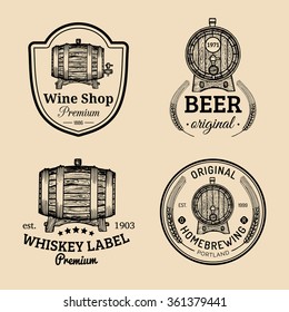 Wooden barrels collection for alcohol drinks icons or signs. Hand sketched kegs emblems. Whiskey, beer, wine logotypes set.