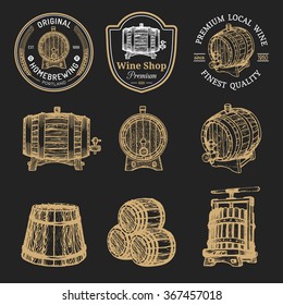 Wooden barrels collection for alcohol drinks icons or signs. Hand sketched gold kegs emblems on black background. Whiskey, beer, wine logotype set.