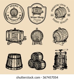 Wooden barrels collection for alcohol drinks icons or signs. Hand sketched kegs emblems. Whiskey, beer, wine logotypes set.