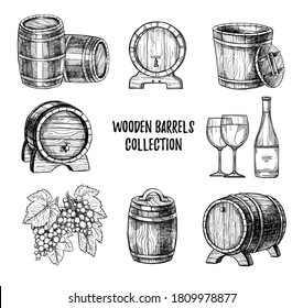 Wooden barrels collection. Isolated flat hand drawn wooden barrel container with tap, grapes, bottle, glass set. Wine alcohol drink storage sketches. Winery production vector illustration