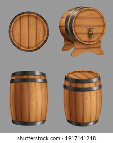 Barriles de madera. Contenedores para líquidos alcohólicos cerveza o barriles de corcho de vino antiguos con círculos de acero modelos vectoriales decentes realistas