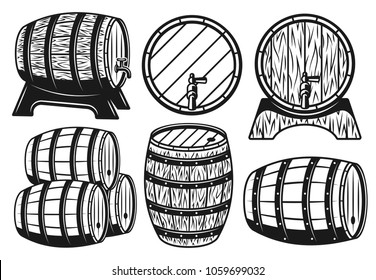 Barriles de madera de diferentes variantes conjunto de objetos vectoriales y elementos gráficos de estilo vintage aislados en fondo blanco