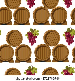 Wooden barrels with fermenting wine, grapes and wood kegs with alcoholic beverage. Brewery and liqueur making, seamless pattern. Winemaking and tasting, storing drinks in casks, vector in flat style