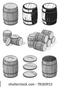 Wooden barrels, gray scale, vector