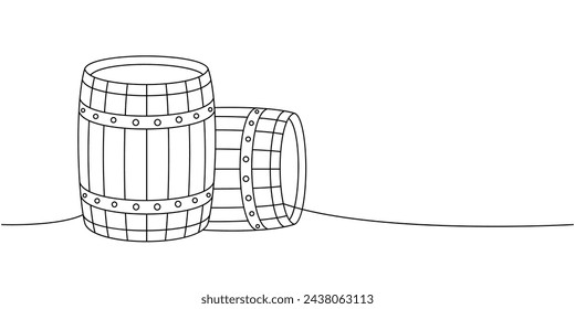 Barriles de madera de una línea de dibujo continuo. Ilustración continua de una línea de barril viejo de cerveza. Ilustración lineal vectorial.