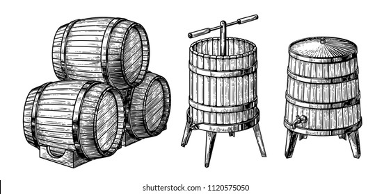 Wooden barrels and press. Vector sketch illustration