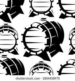 Wooden barrels in retro style. Seamless background. Monochrome vector illustration.