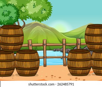 Wooden barrels at the riverside