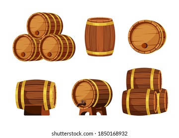 Colocación de barriles de madera. Contenedores marrones para el almacenamiento de líquidos conveniente para el vino y el coñac en bodegas de buen envejecimiento en tanques de destilería de roble industria de la confección tradicional. Vector de dibujos animados.