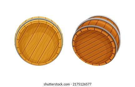 Wooden barrels set. Traditional oak casks for storing liquids, top view vector illustration