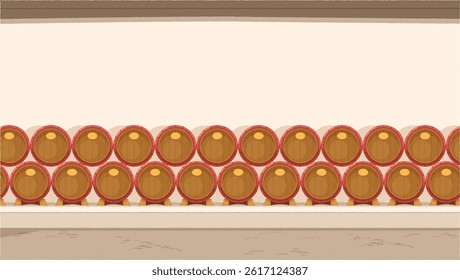 Wooden barrels stacked on top of each other in a wine cellar. Cartoon design showing rustic storage in an underground space.