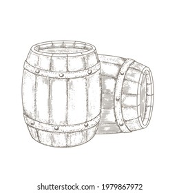 Wooden barrels in the style of old engraving. Vintage monochrome wooden barrels.