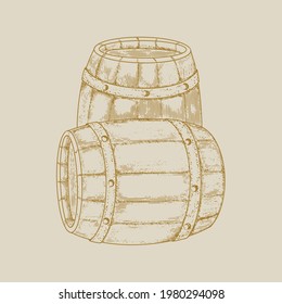 Wooden barrels in the style of old engraving. Vintage monochrome wooden barrels.