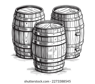 Wooden barrels three hand drawn sketch illustration, Winemaking