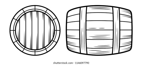 Wooden barrels. Vector flat outline icon illustration isolated on white background.