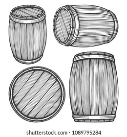 Wooden barrels vector hand drawn vintage style illustrations set.
Barrel sketch in engraved style. Alcohol, wine, beer or whiskey old wood keg.