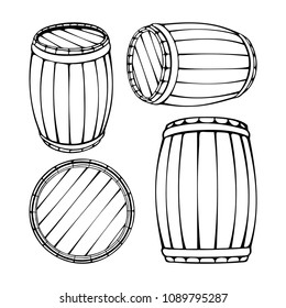 Wooden barrels vector hand drawn vintage style illustrations set.
Barrel sketch in engraved style. Alcohol, wine, beer or whiskey old wood keg.