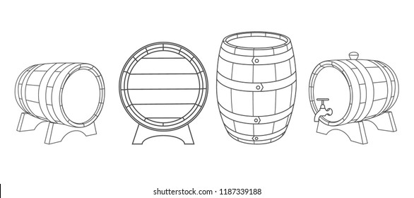 Wooden Barrels Vector Hand Drawn Vintage Style Illustrations Set. Barrel Sketch. Alcohol, Wine, Beer Or Whiskey Old Wood Keg.