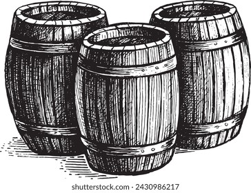 Wooden barrels vector illustration. Vintage graphics and handwork