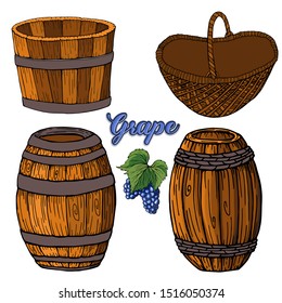 Wooden barrels, vintage basket.Lettering with grape.For your design.Vector illustration.EPS10