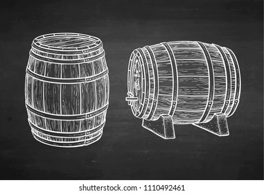 Wooden barrels of wine or beer. Chalk sketch on blackboard background. Hand drawn vector illustration. Retro style.