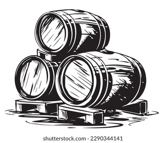 Wooden barrels for wine hand drawn sketch illustration