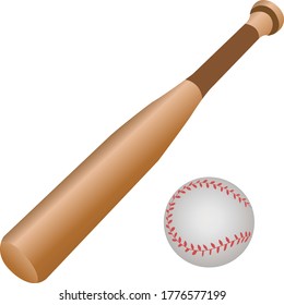 Wooden baseball bat and ball on a white background.