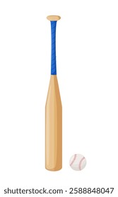 A wooden baseball bat with a blue grip and a baseball placed on a white background. The illustration represents sports, baseball equipment, and recreational activities. Vector illustration