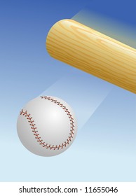 A wooden baseball bat hitting a baseball.