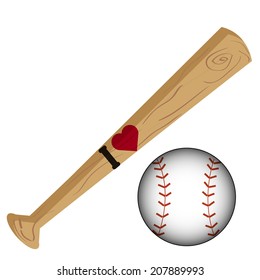 a wooden baseball bat with text and a baseball ball