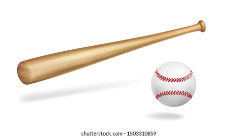 Wooden baseball bat and white leather ball with red strips perspective view, 3d realistic vector object isolated on white background with shadows. Competitive team sport equipment element illustration