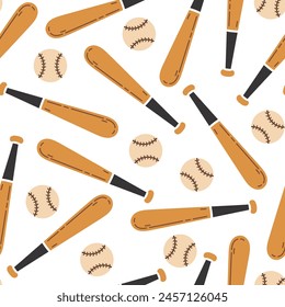 Wooden baseball bats and leather balls, seamless vector pattern. Professional sports equipment for softball, training, championship. Game match tools. Hand drawn background, cartoon ornament