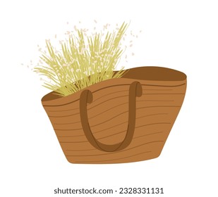 Wooden basket with flowers concept. Comfort and coziness, element of decor and interior. Natural beauty and wild area. Cartoon flat vector illustration isolated on white background