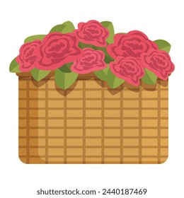 Wooden basket with flowers icon cartoon vector. Best season gift. Plant fall