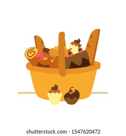 Wooden basket full of pastry food - fresh baguette bread, cupcake and muffin, cake and roll in flat cartoon style isolated on white background, vector illustration