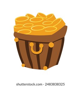 Wooden basket with gold coins, treasure bowl vector illustration, open treasure chest clip art image
