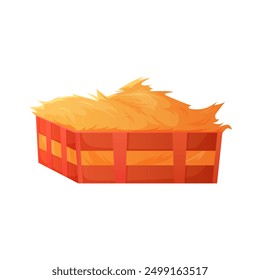 Wooden basket with hay, box of dry yellow grass for animal feeding vector illustration