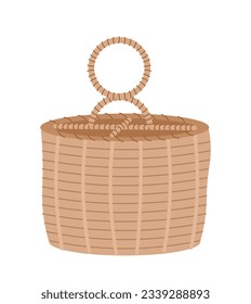 Wooden basket for home decoration concept. Comfort and coziness. Stylish box for linen or picnic woven from dull straw. Cartoon flat vector illustration isolated on white background