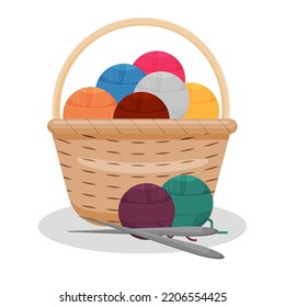Wooden basket with knitting threads. Vector illustration.