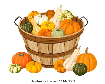 Wooden basket with pumpkins. Vector illustration.