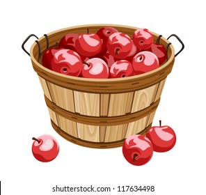 Wooden basket with red apples. Vector illustration.