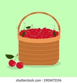 Wooden basket with ripe red cherries. Vector illustration.