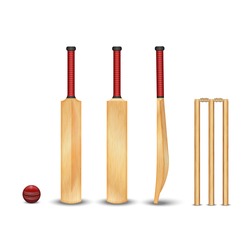 The Wooden Bat, Wicket, The Ball For The Game Of Cricket, Realistic 3D Vector Models With Wooden Texture Of Objects Isolated On White, A Set Of Sports Equipment For Cricket