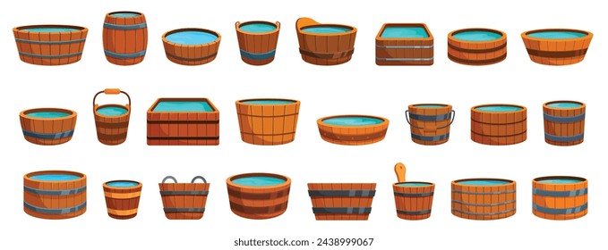 Wooden baths icons set cartoon vector. Interior bathroom. Care spa tub