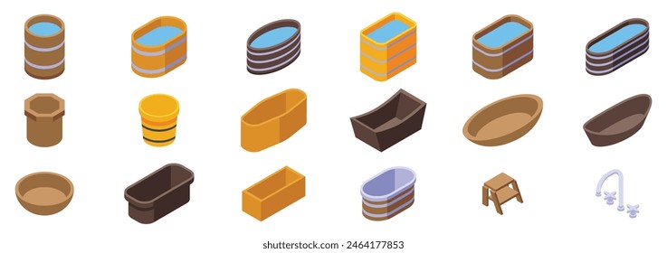 Wooden baths vector. A collection of bath tubs and buckets in various shapes and sizes. Concept of variety and abundance, with each tub and bucket offering a unique design and purpose