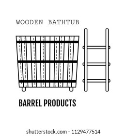 Wooden bathtub. Bucket made from wood. Flat icon for site, business.