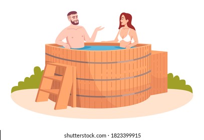 Wooden bathtub semi flat RGB color vector illustration. Japanese public resort. Wood tub for friends relaxation. Hot pool. Woman and man isolated cartoon characters on white background